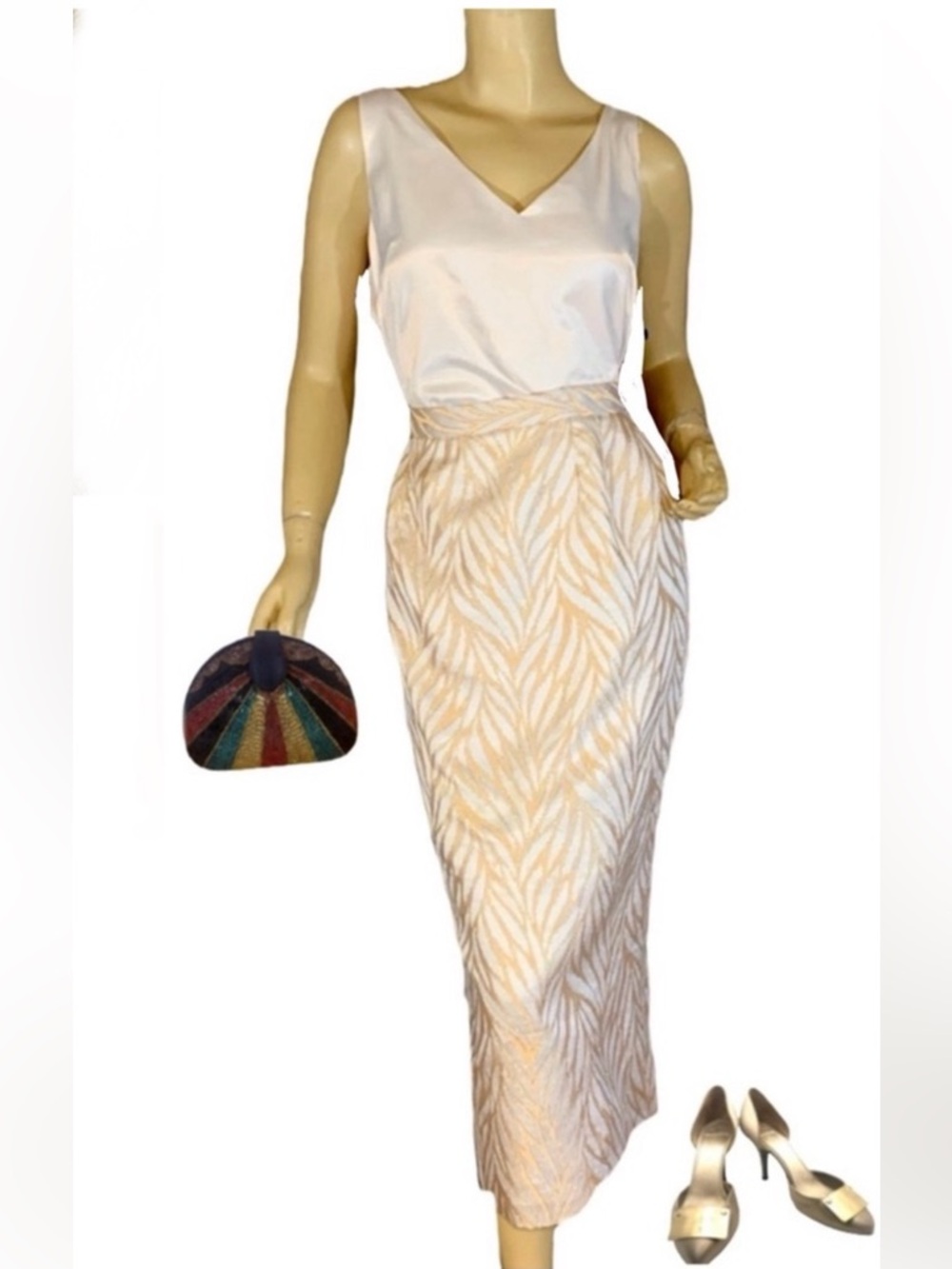 TERRAMINA CREAM & GOLD FOLIATE PRINT METALLIC THREADING MIDI PENCIL SKIRT (14)